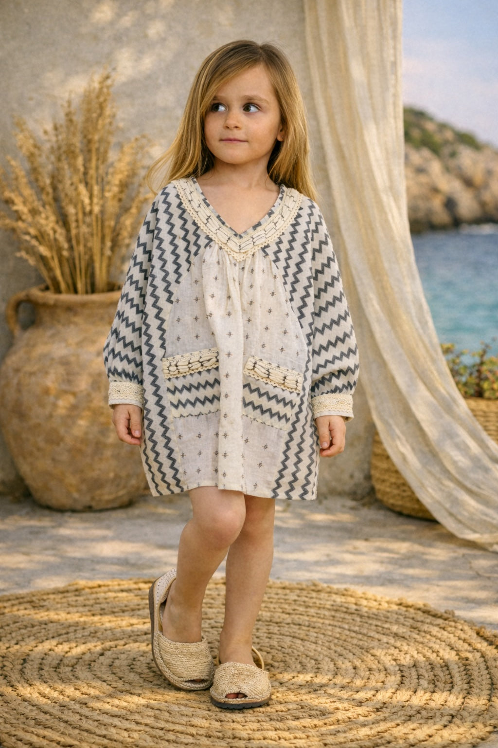 Aditi Kaftan Cream Zig-Zag Kids